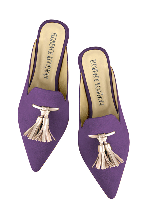 Amethyst purple and gold women's loafer mules. Pointed toe. Flat flare heels. Top view - Florence KOOIJMAN